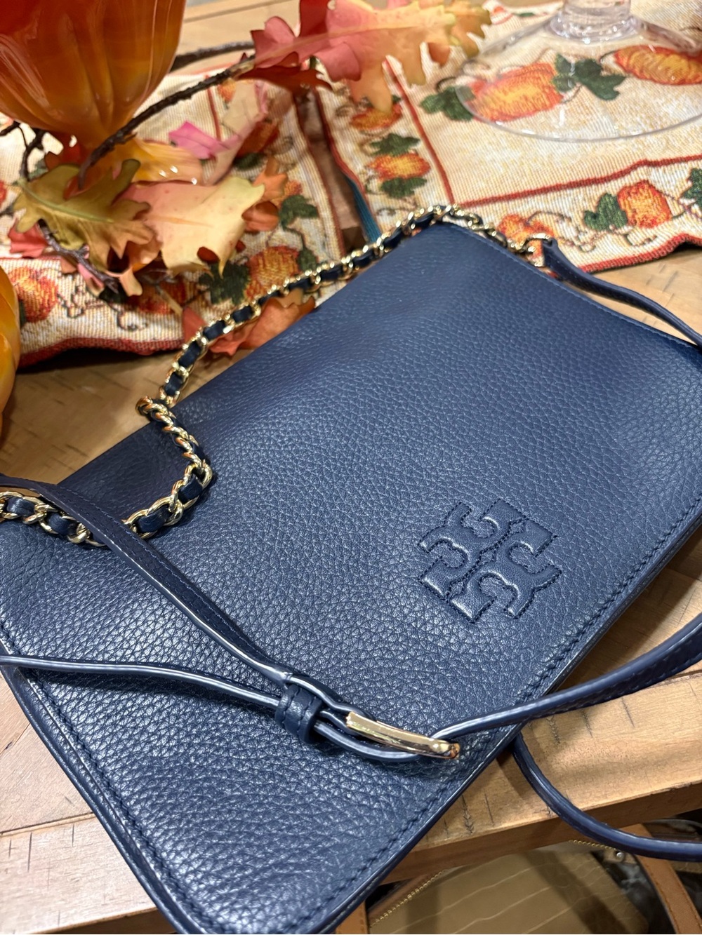 Tory Burch Navy Pebbled Leather Chain-Trim Crossbody